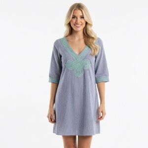 Judith March Blue and White Pinstriped Dress Mint Green Embroidery Size Small